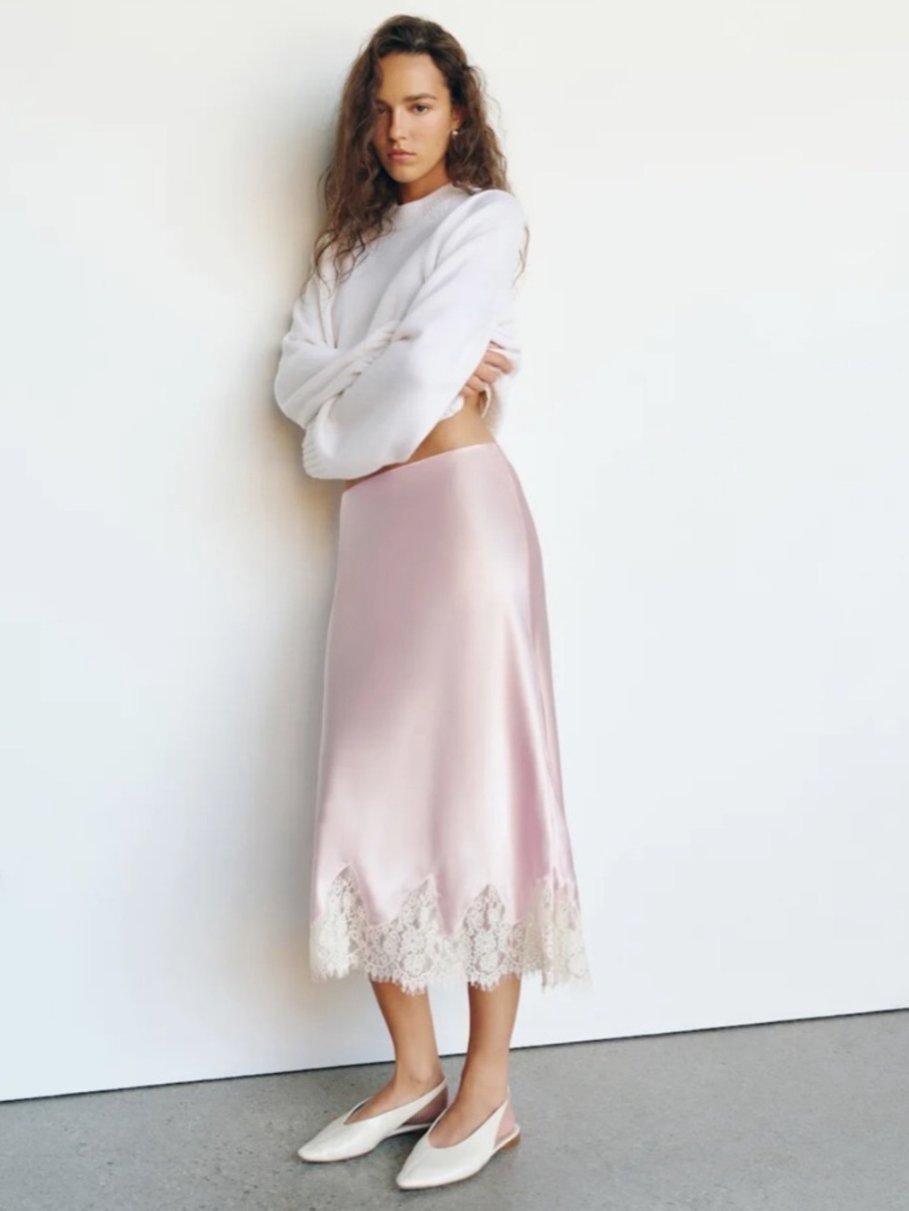 Reformation Carolina Lace Trim Silk Midi Skirt in Cherry Blossom